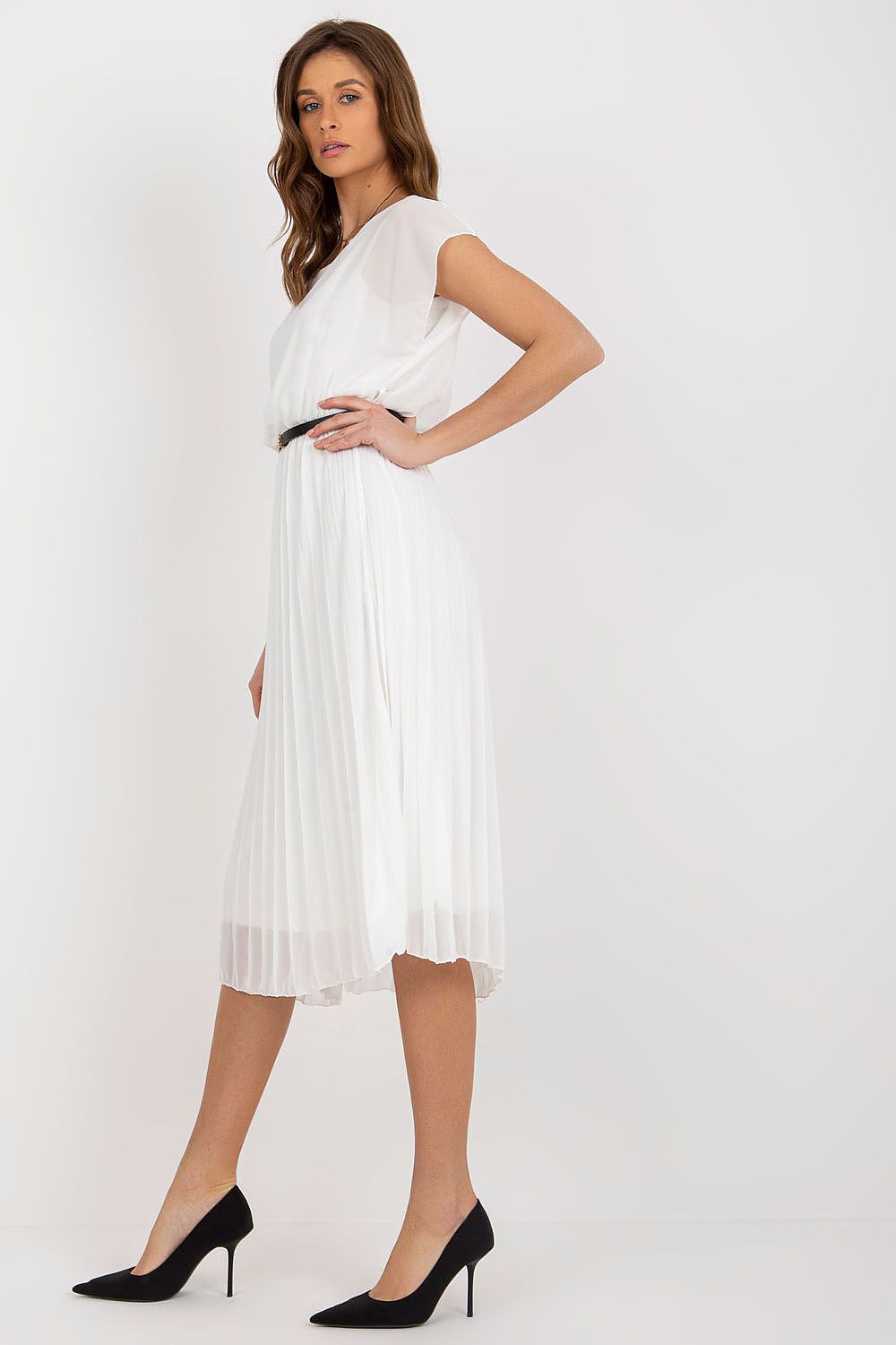 Elegant Italy Moda Cocktail Dress with Pleated Skirt and Black Belt for Formal Events