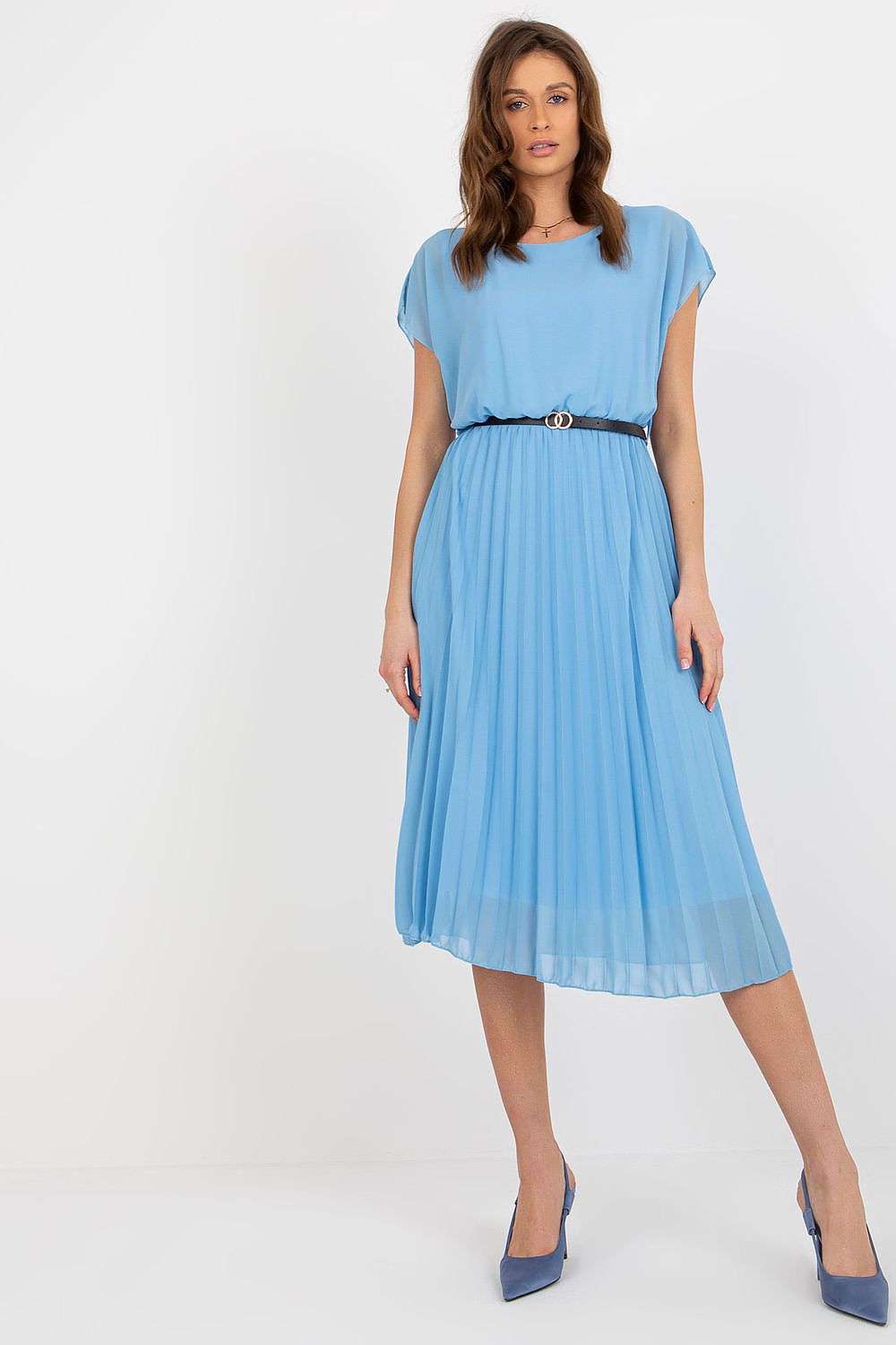 Elegant Italy Moda Cocktail Dress with Pleated Skirt and Black Belt for Formal Events