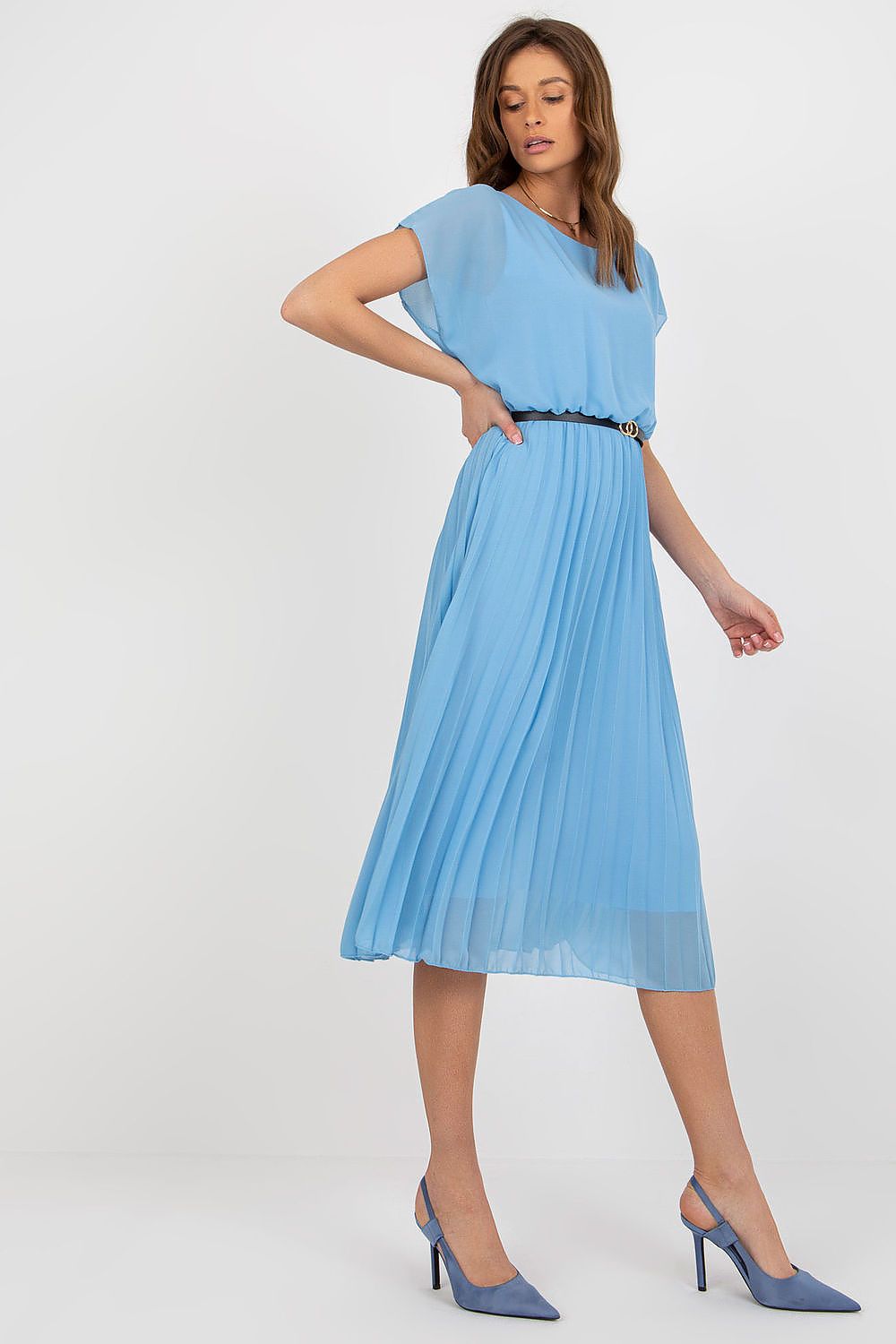 Elegant Italy Moda Cocktail Dress with Pleated Skirt and Black Belt for Formal Events