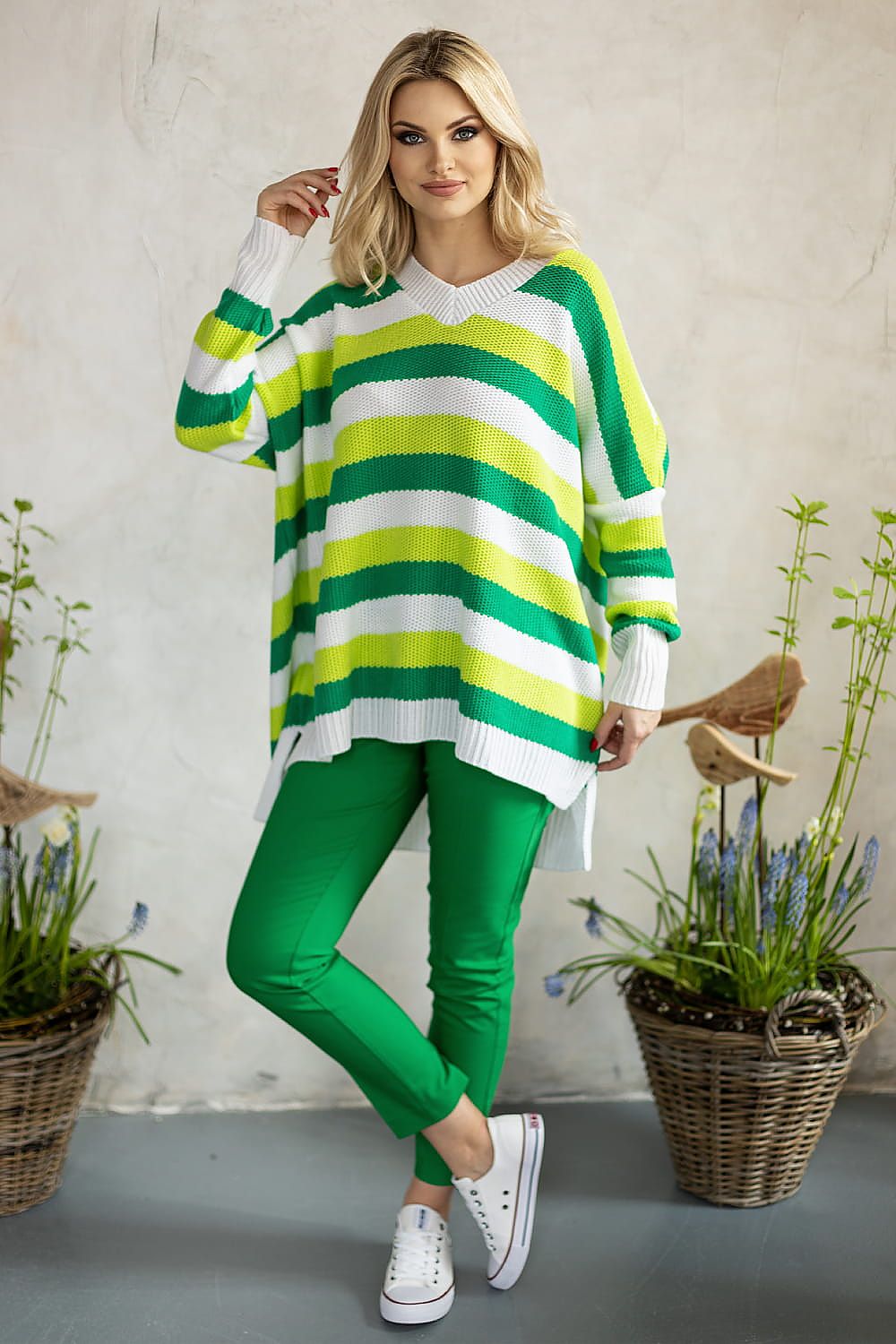 Elegant Loose-Fitting Acrylic Sweater With Heart Neckline And Colourful Stripes