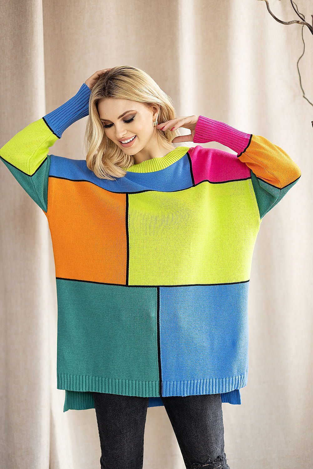 PeeKaBoo Colour Block Loose-Fitting Sweater with Long Sleeves – Elegant Acrylic and Cotton Blend
