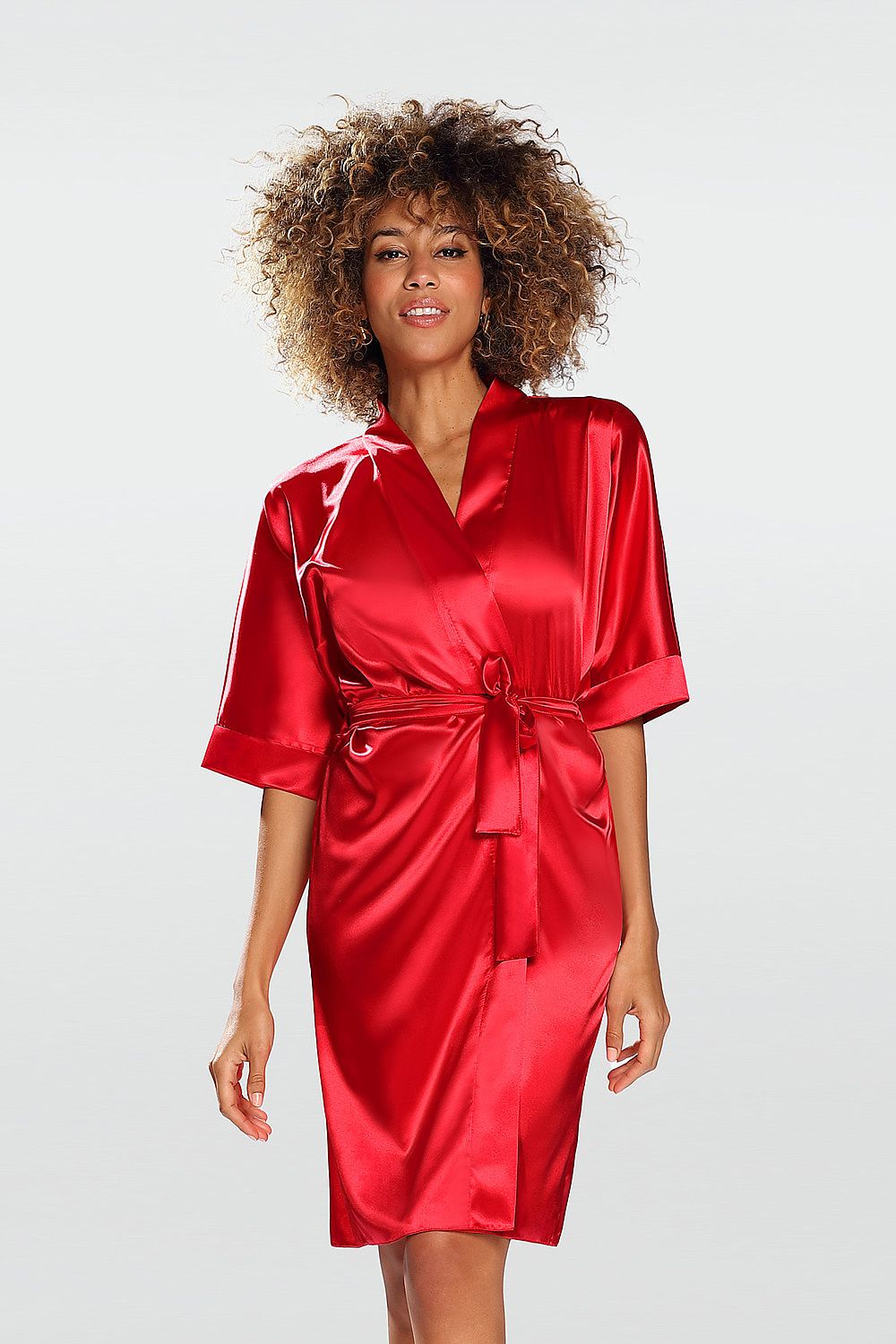 DKaren Short-Sleeved Satin Bathrobe - Elegant Comfort Fit with Waist Tie