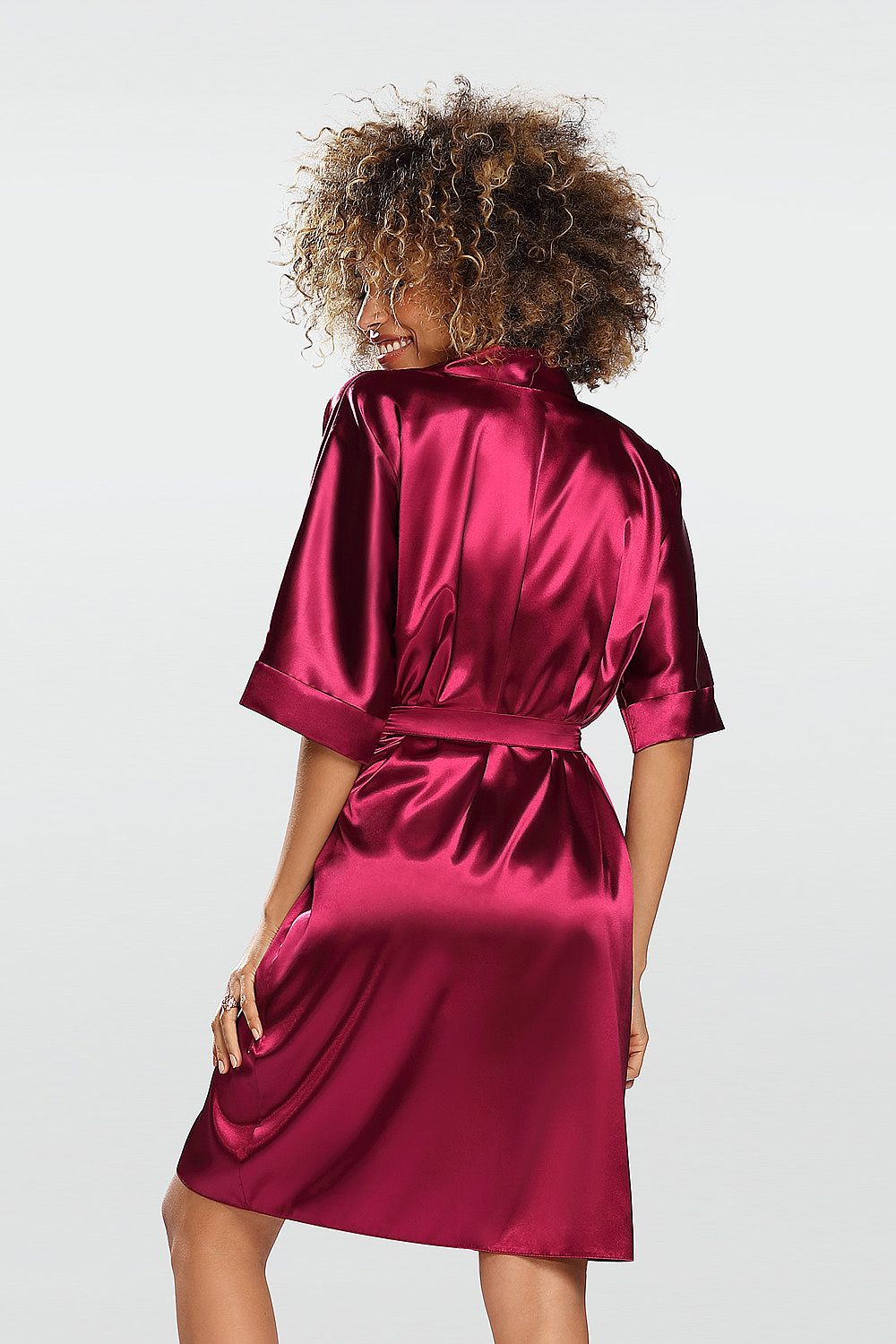 DKaren Short-Sleeved Satin Bathrobe - Elegant Comfort Fit with Waist Tie