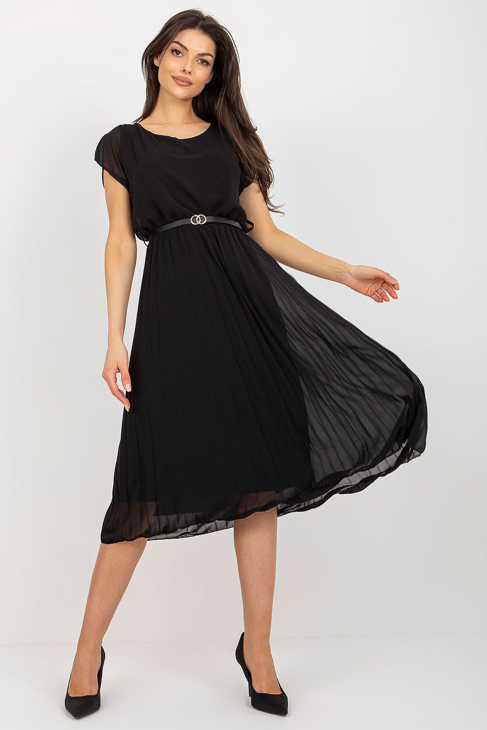 Elegant Italy Moda Cocktail Dress with Pleated Skirt and Black Belt for Formal Events