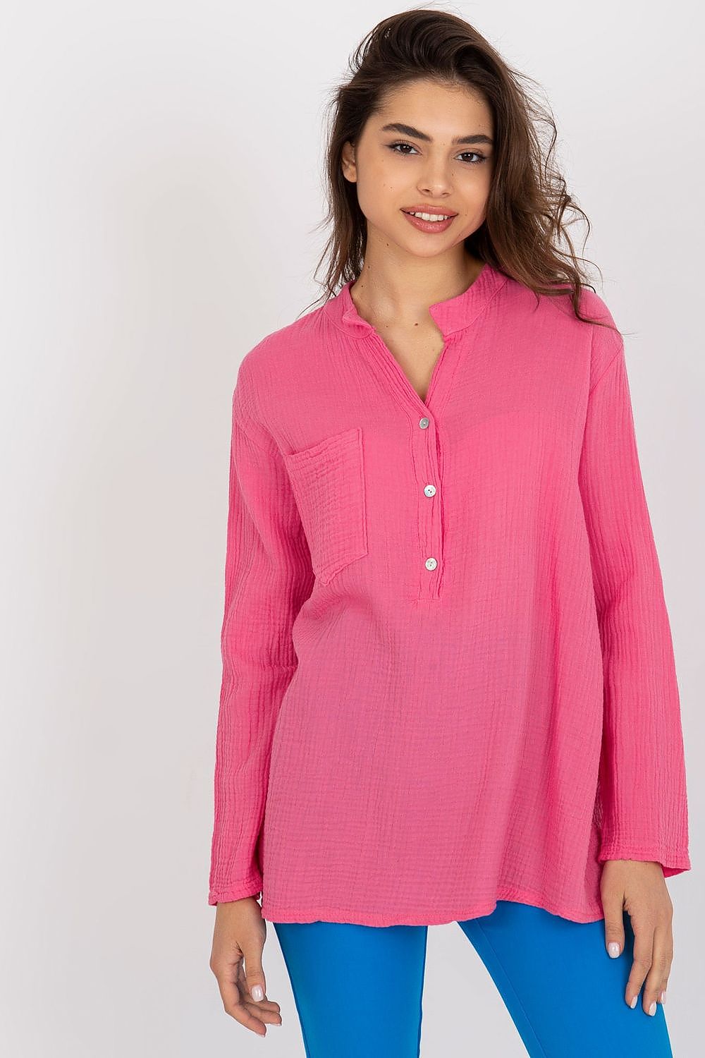 Och Bella Cotton Muslin Blouse with V-Neck, Long Sleeves and Front Pocket – Elegant Loose Fit