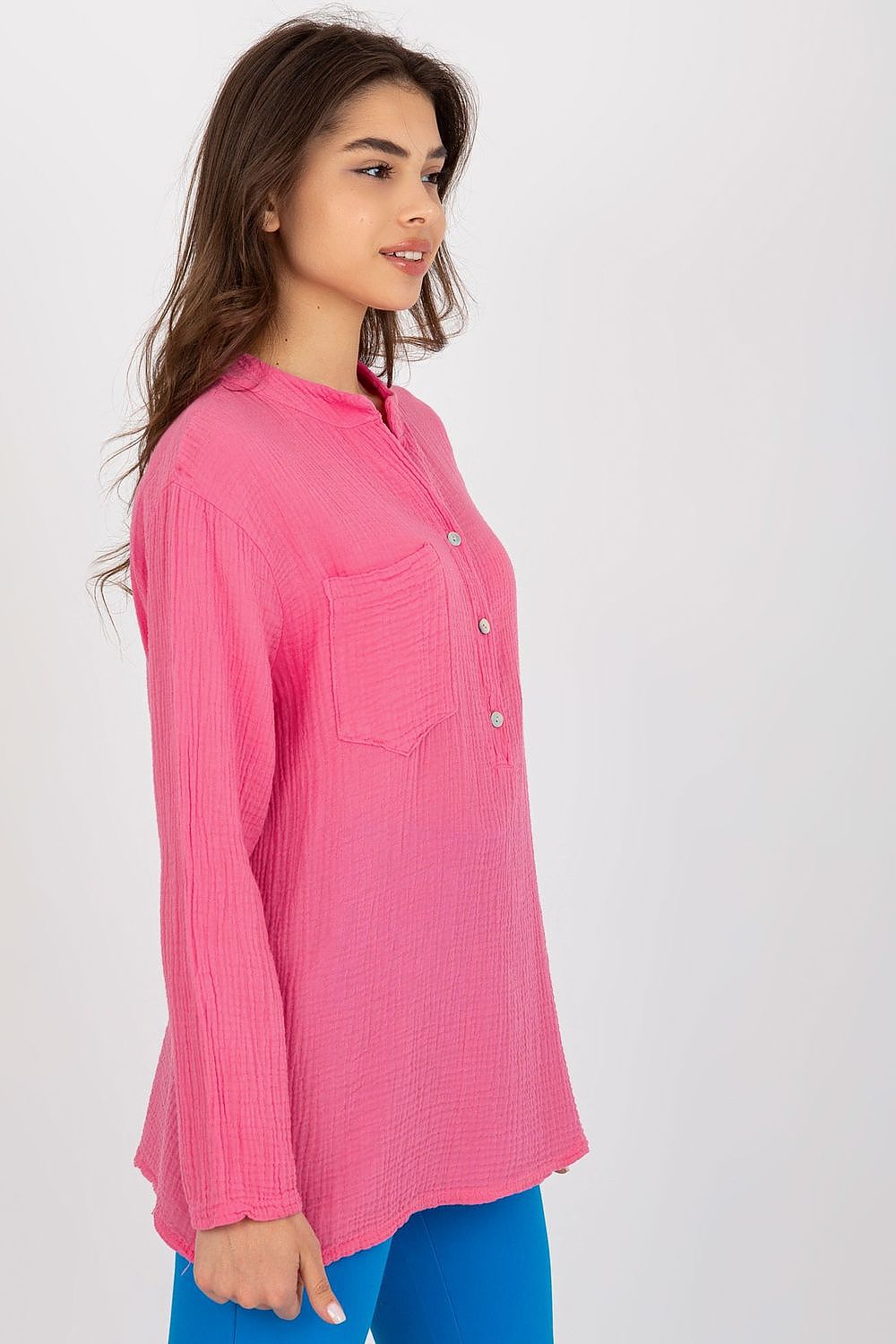 Och Bella Cotton Muslin Blouse with V-Neck, Long Sleeves and Front Pocket – Elegant Loose Fit