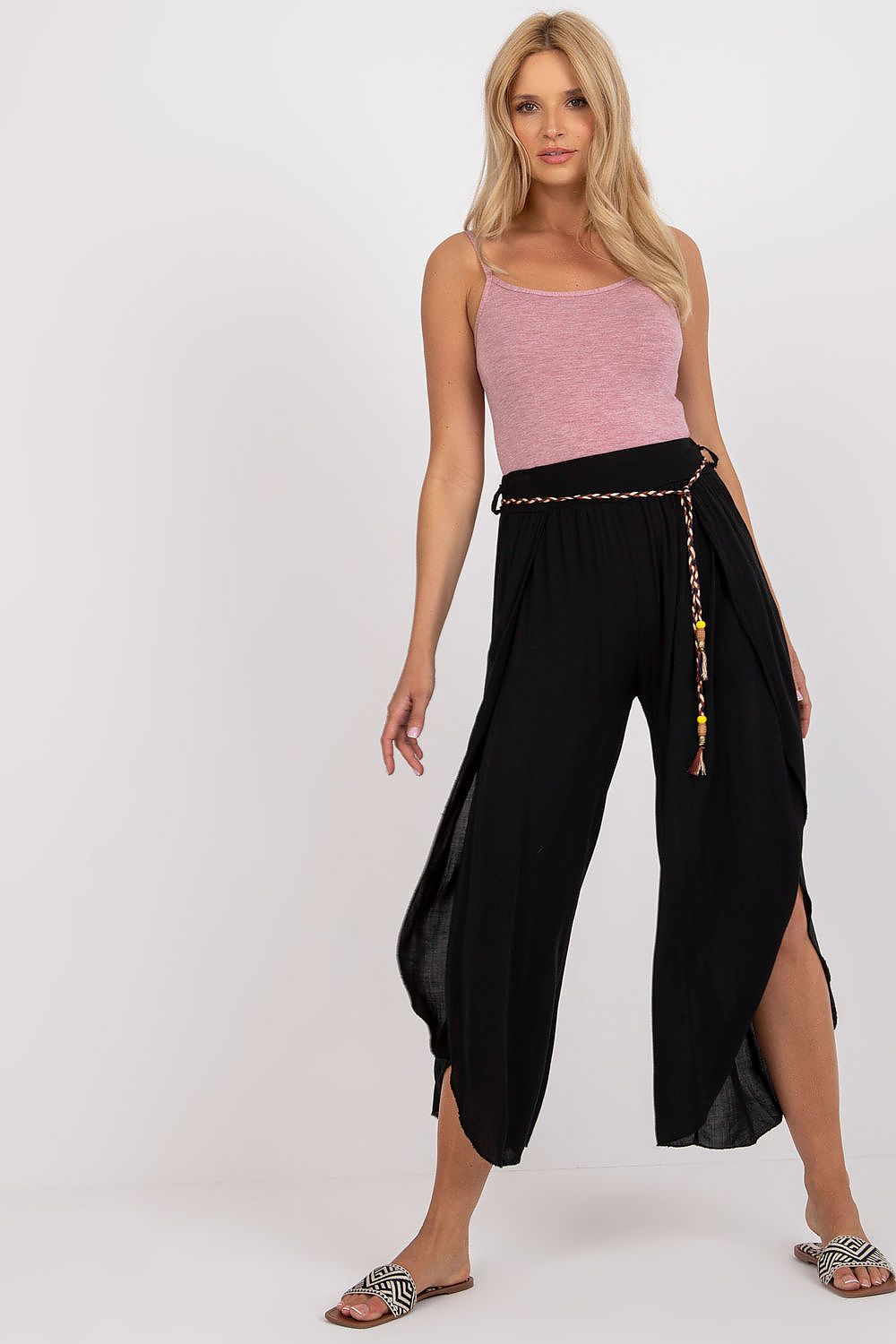 Och Bella Women's High-Waist Trousers with Decorative Waist Tie - Airy Viscose Style