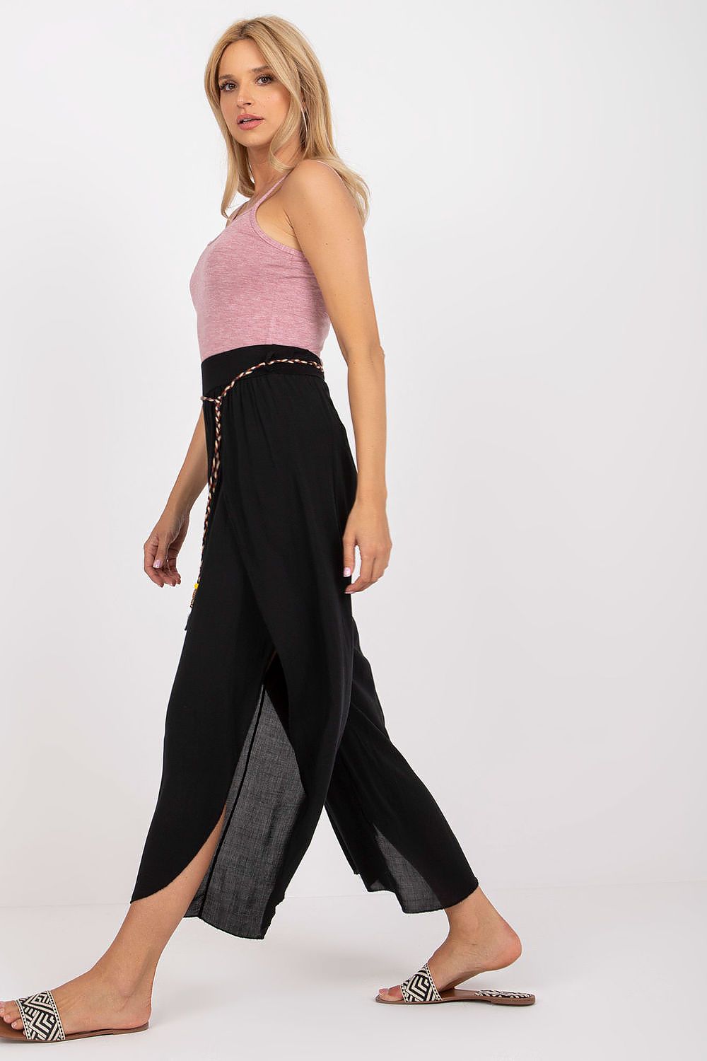 Och Bella Women's High-Waist Trousers with Decorative Waist Tie - Airy Viscose Style