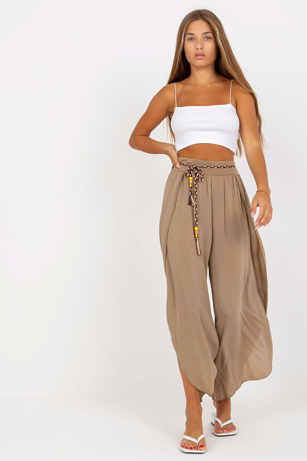 Och Bella Women's High-Waist Trousers with Decorative Waist Tie - Airy Viscose Style