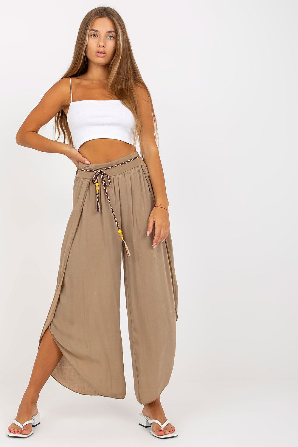 Och Bella Women's High-Waist Trousers with Decorative Waist Tie - Airy Viscose Style