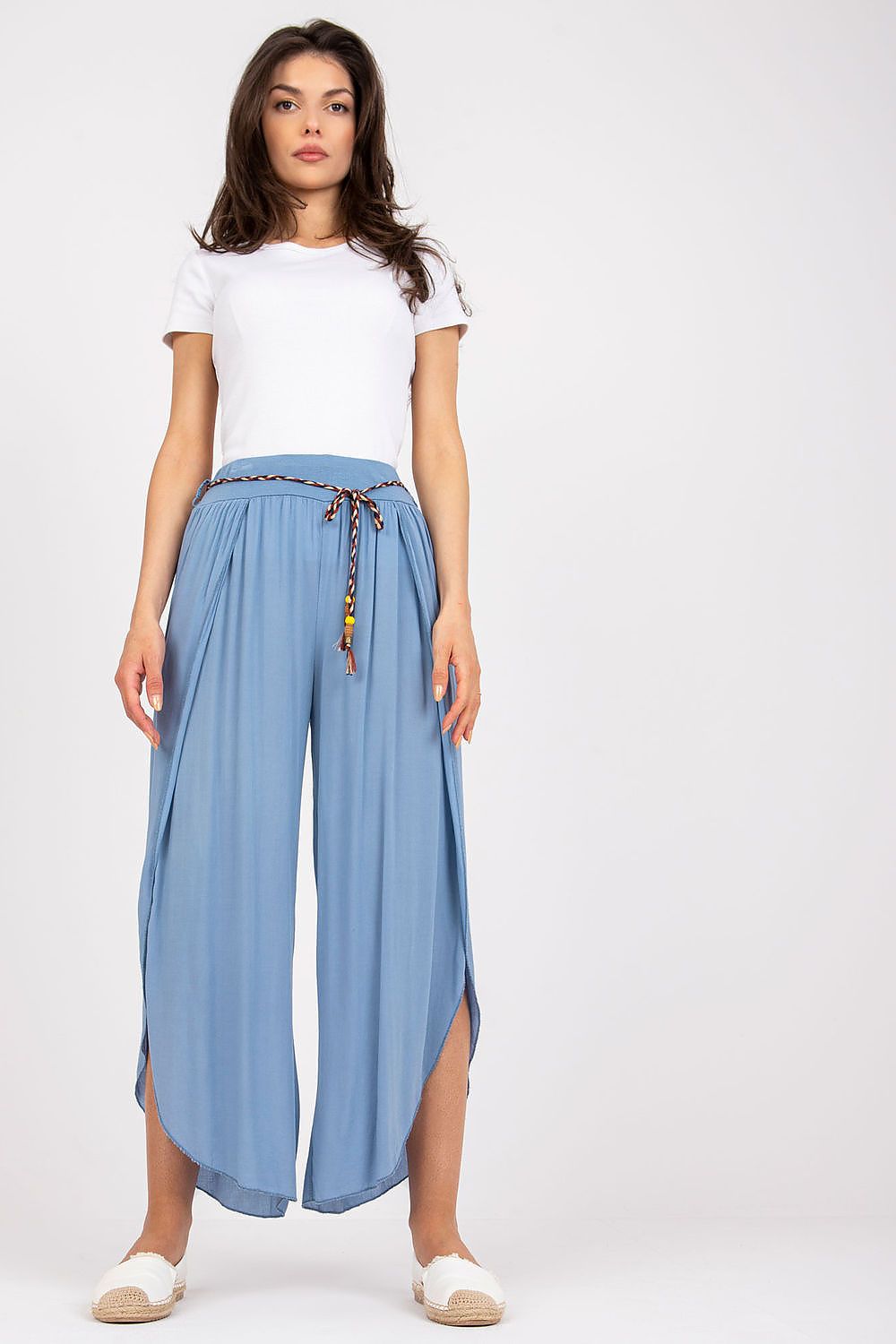 Och Bella Women's High-Waist Trousers with Decorative Waist Tie - Airy Viscose Style