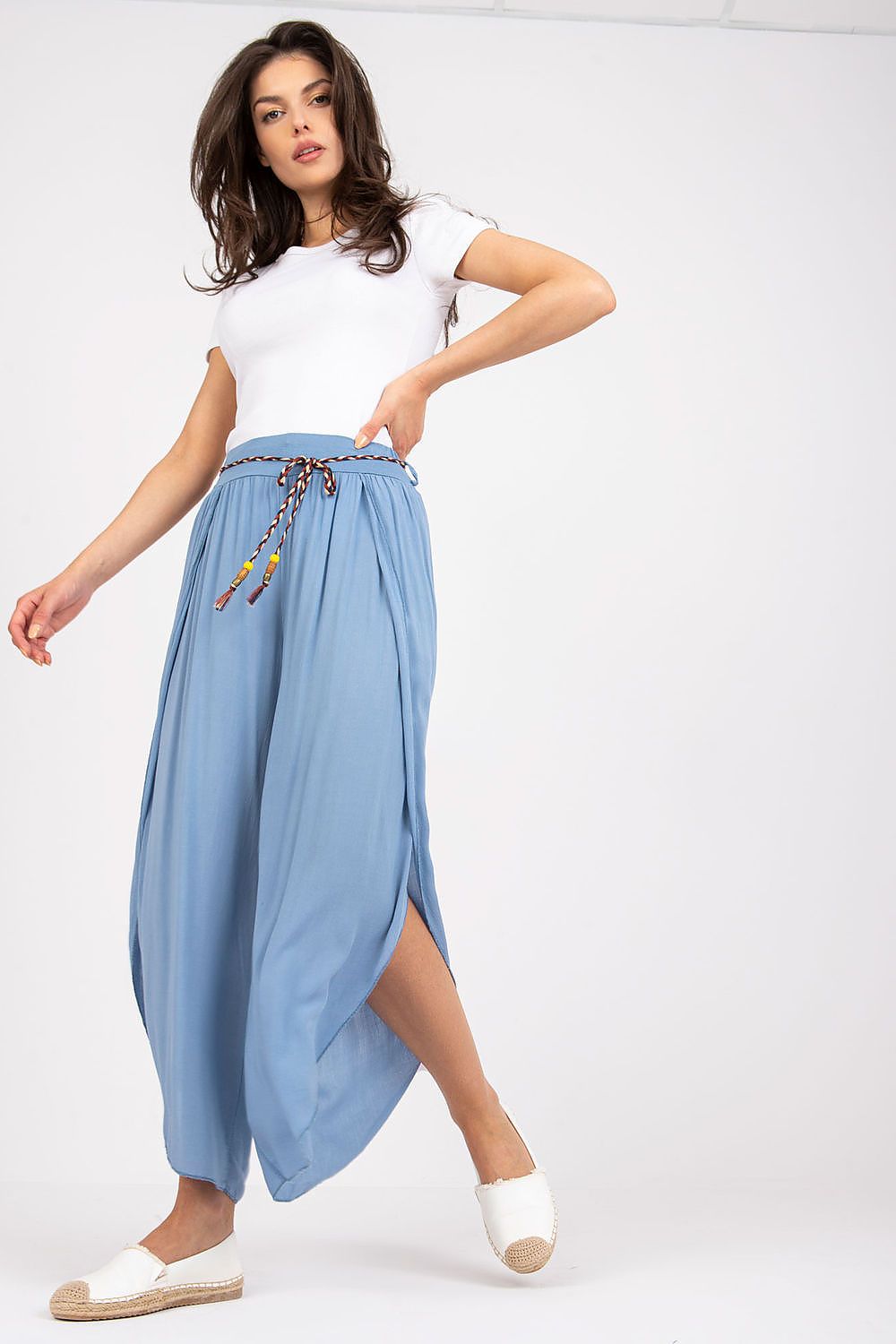 Och Bella Women's High-Waist Trousers with Decorative Waist Tie - Airy Viscose Style