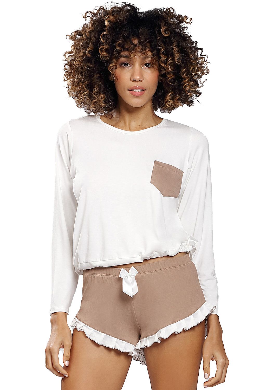 Luxury DKaren Ronnie Viscose Set: Elegant Long-Sleeve Blouse & Frilled Shorts for Comfort