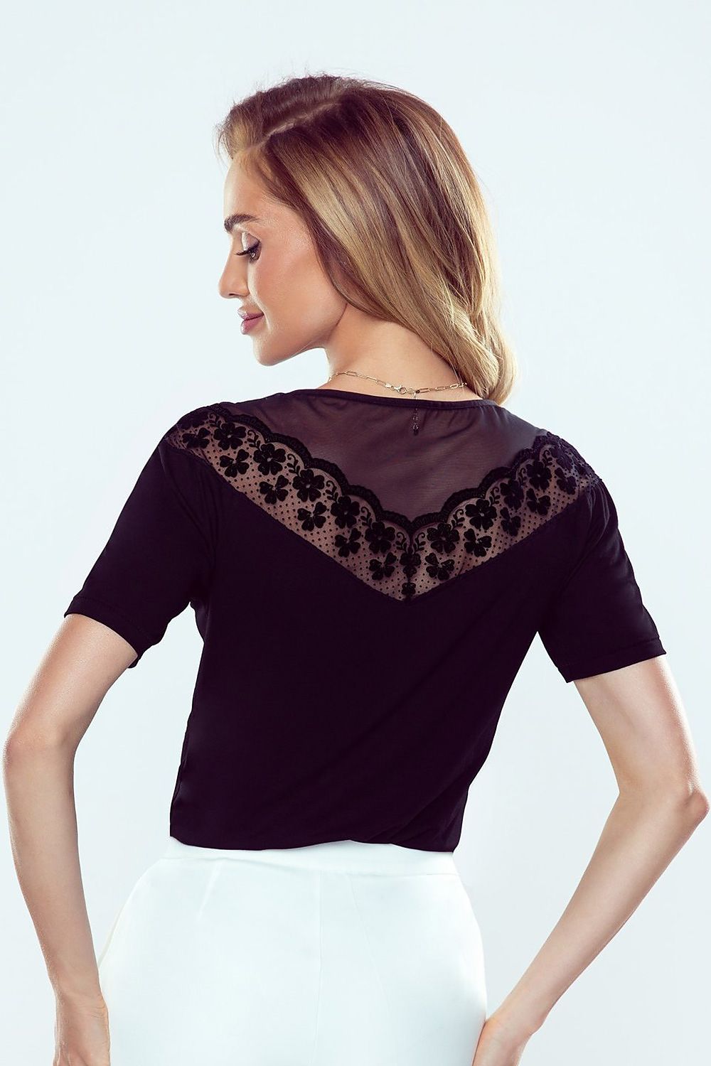 Eldar Elegant Short-Sleeve Blouse with Transparent Tulle and Lace Neckline - Made in Poland