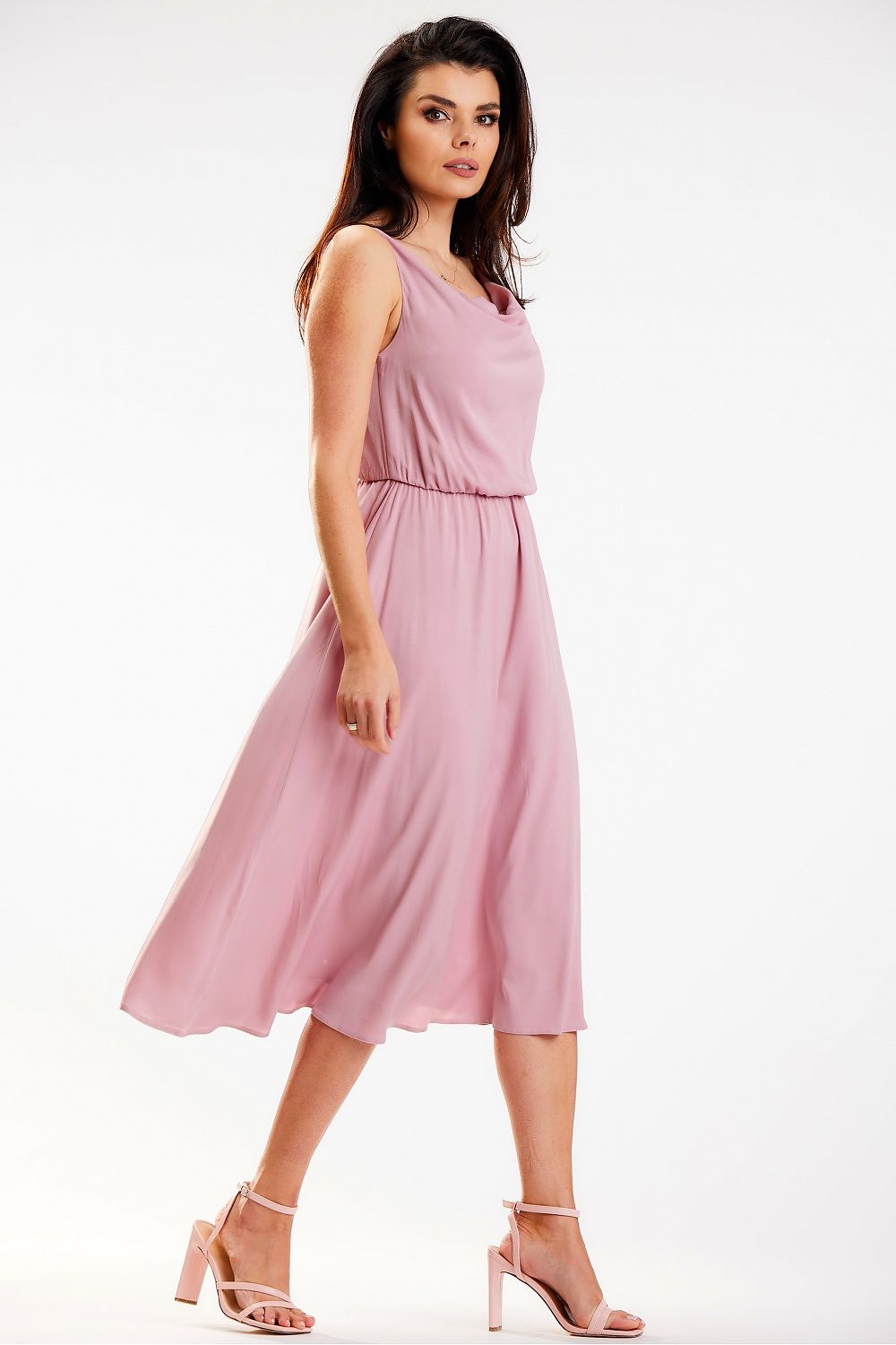 Elegant Awama Midi Dress with Crinkled Neckline and Elastic Waistband - Made in Poland