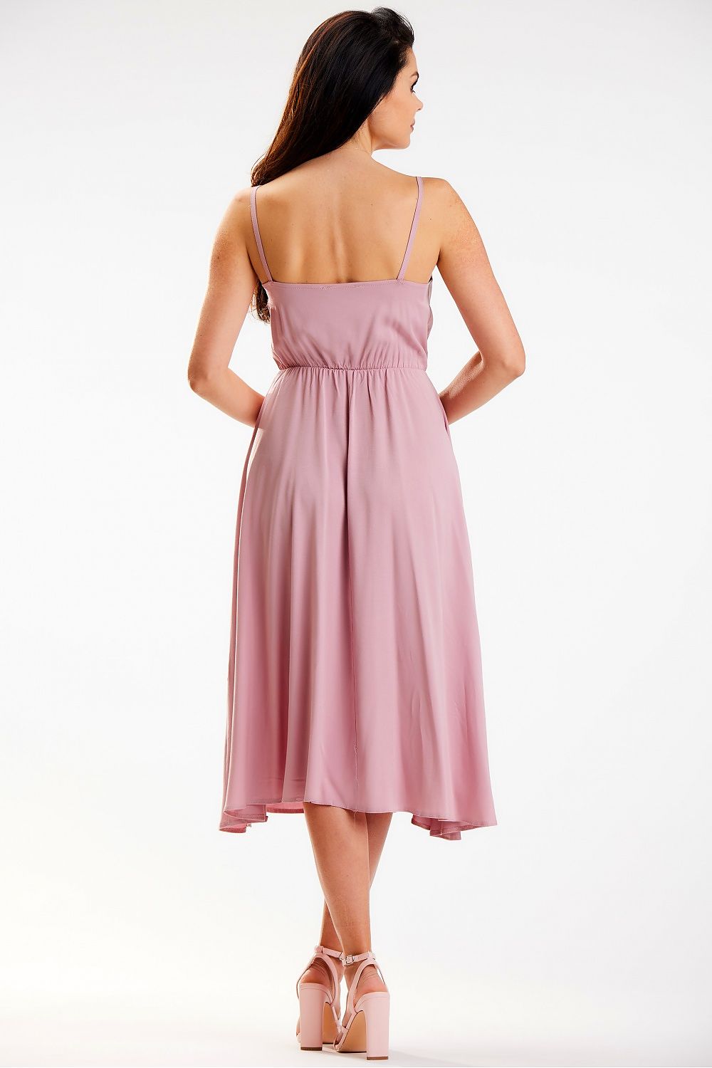 Elegant Awama Midi Dress with Crinkled Neckline and Elastic Waistband - Made in Poland