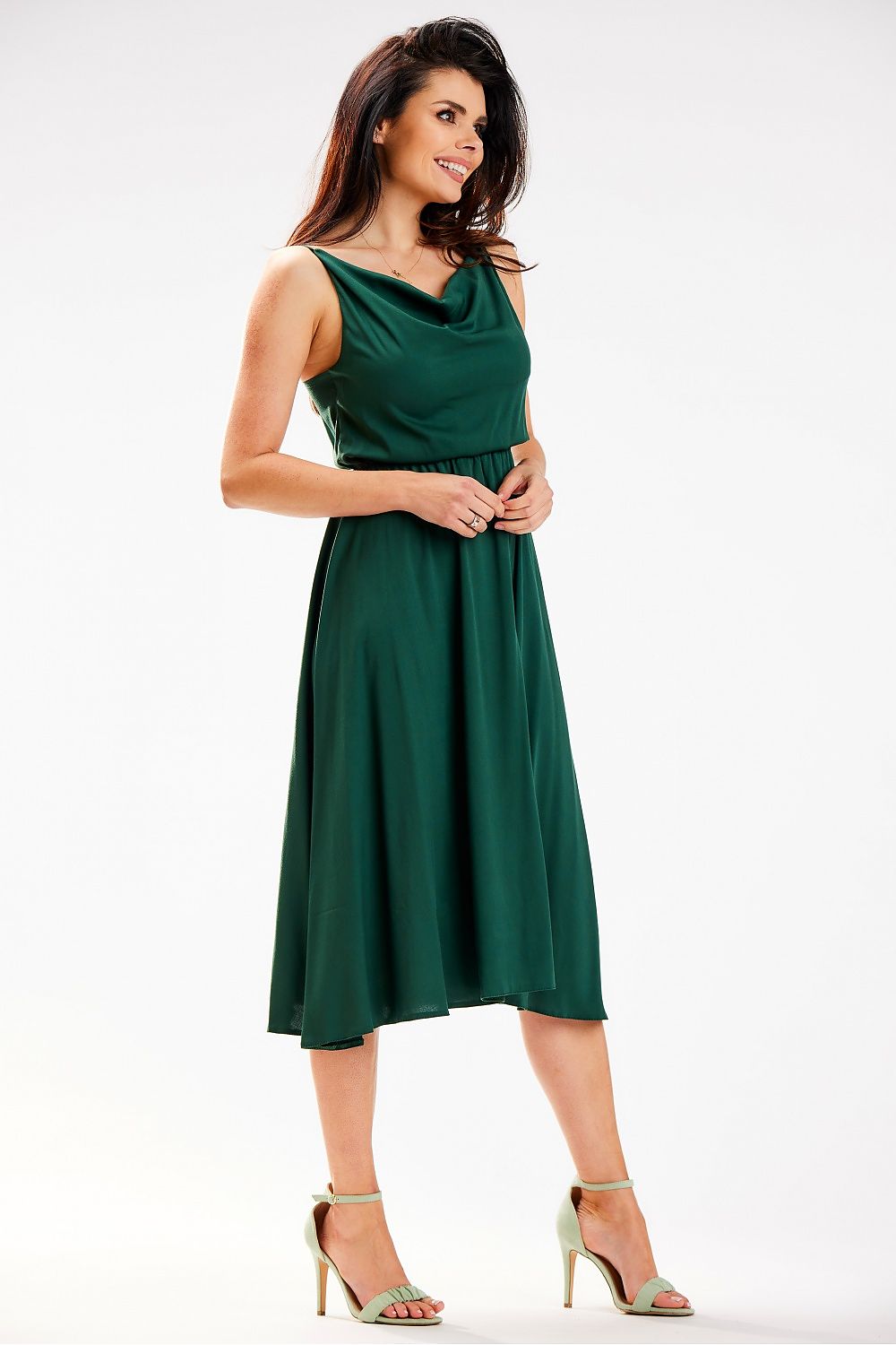 Elegant Awama Midi Dress with Crinkled Neckline and Elastic Waistband - Made in Poland