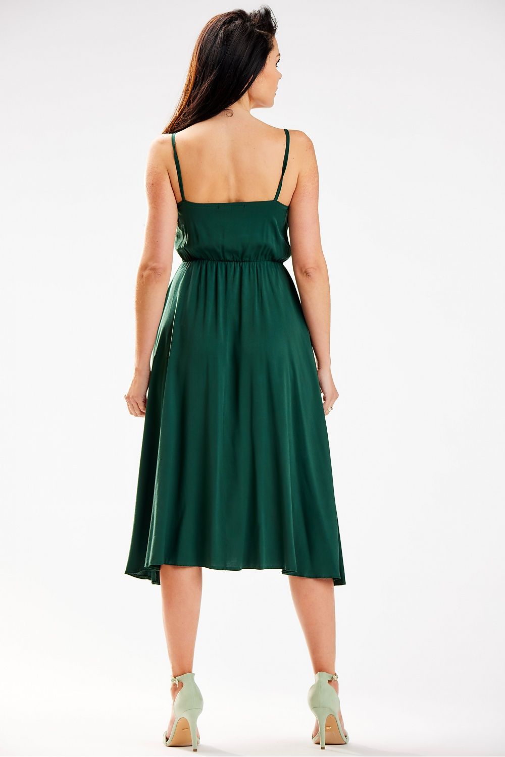Elegant Awama Midi Dress with Crinkled Neckline and Elastic Waistband - Made in Poland