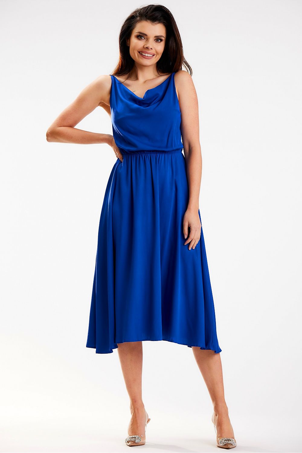 Elegant Awama Midi Dress with Crinkled Neckline and Elastic Waistband - Made in Poland