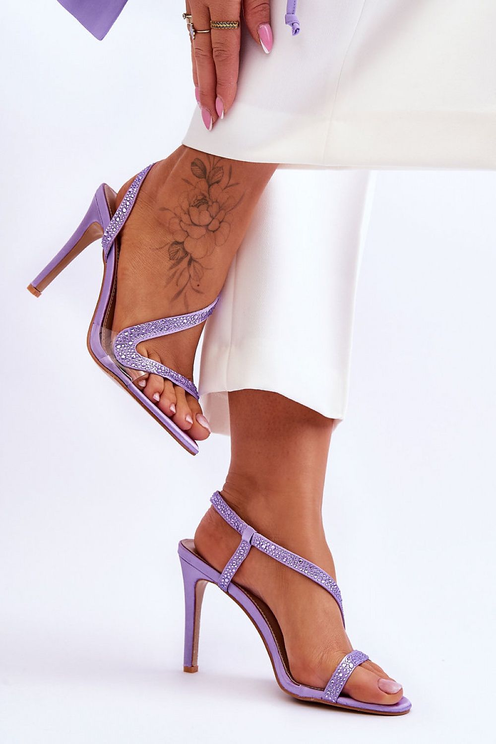 Elegant Rhinestone-Embellished Heel Sandals with Comfortable Eco Leather Insole - 10cm Stiletto