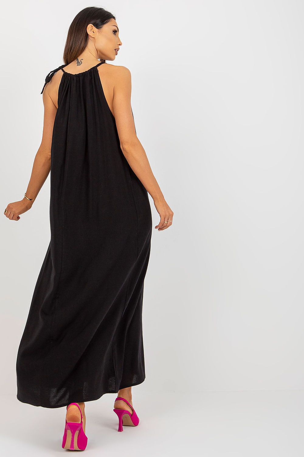 Elegant Och Bella Summer Long Dress with Loose Cut and Tied Straps - Cotton, Linen & Viscose Blend