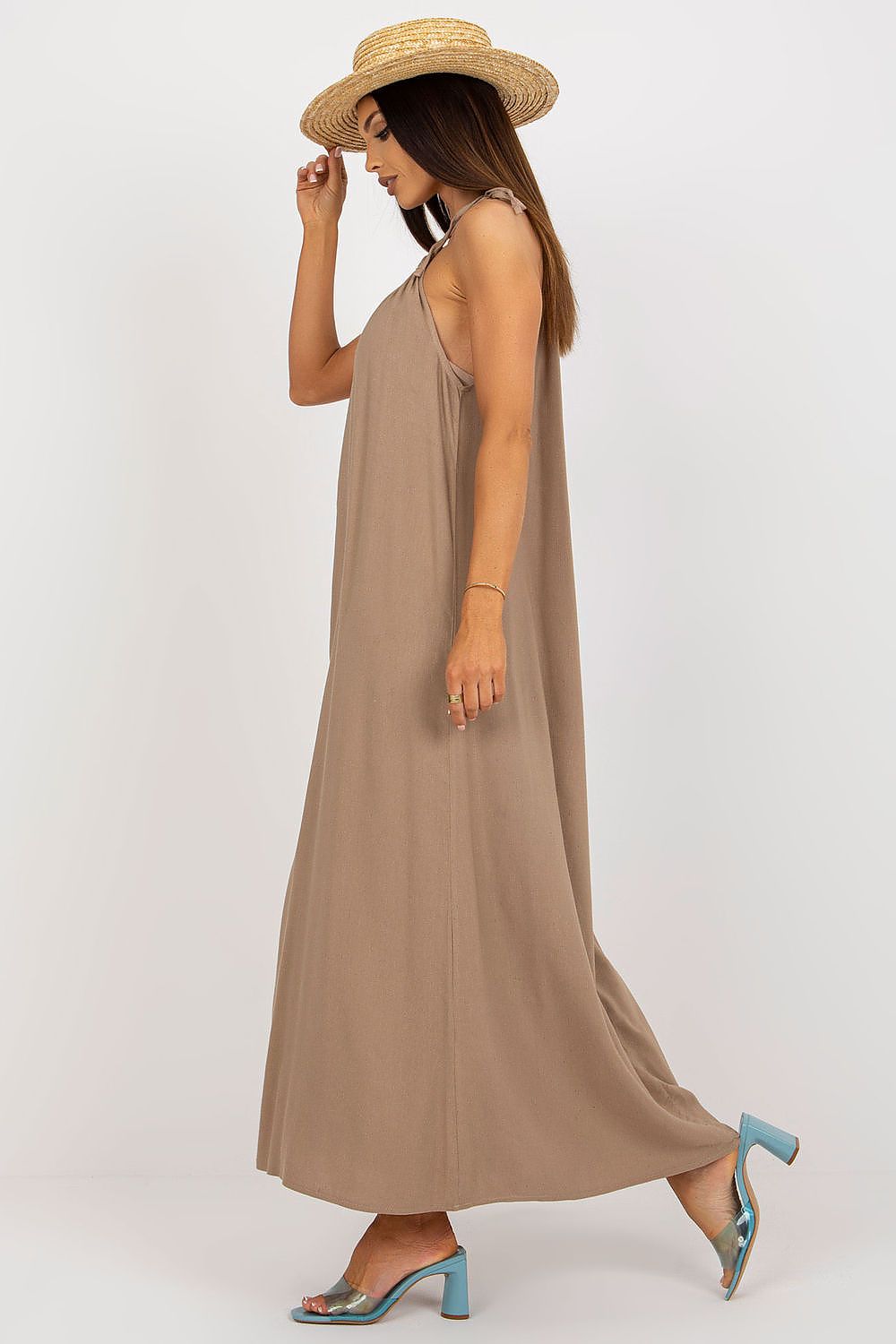 Elegant Och Bella Summer Long Dress with Loose Cut and Tied Straps - Cotton, Linen & Viscose Blend
