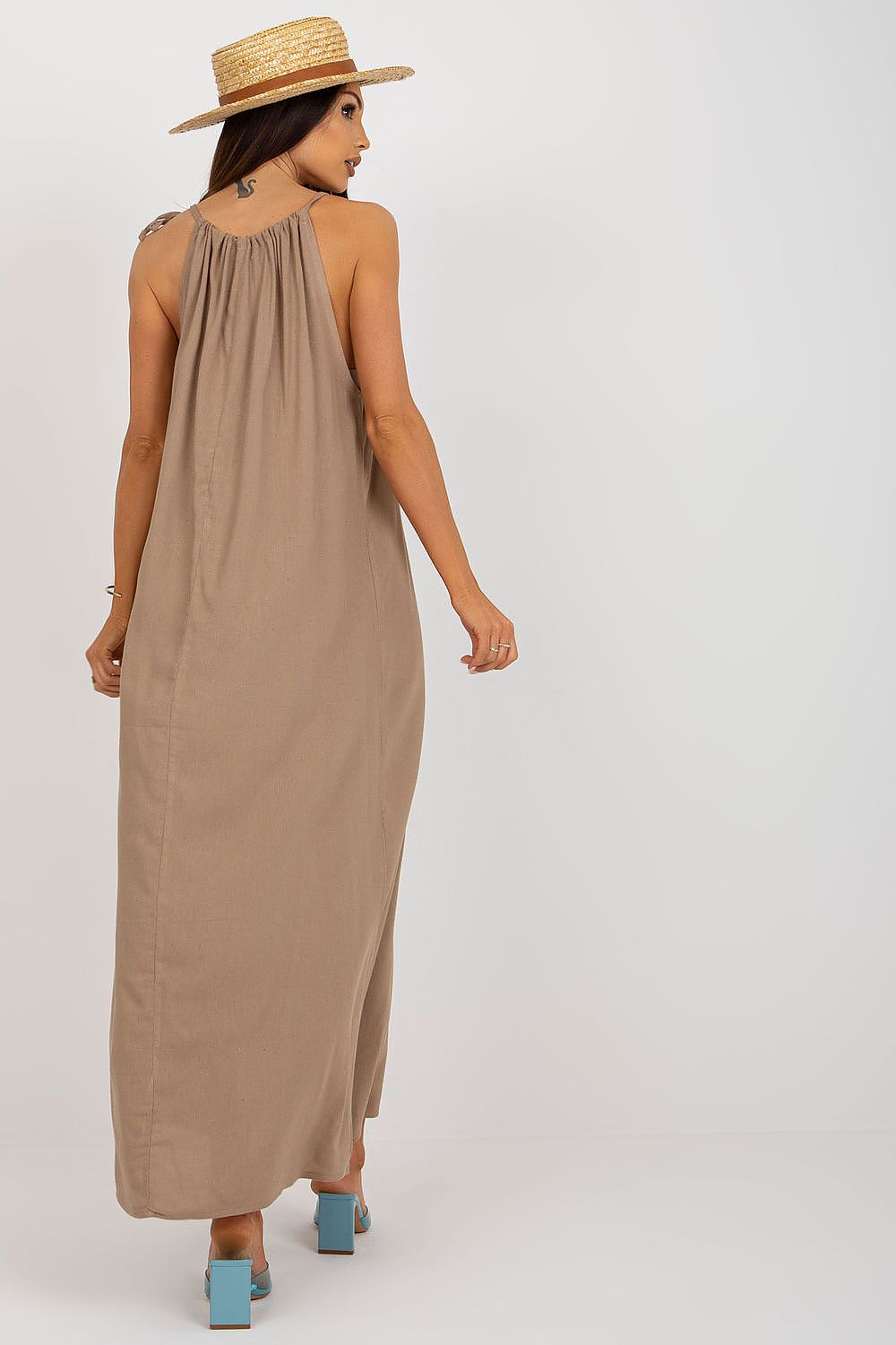Elegant Och Bella Summer Long Dress with Loose Cut and Tied Straps - Cotton, Linen & Viscose Blend