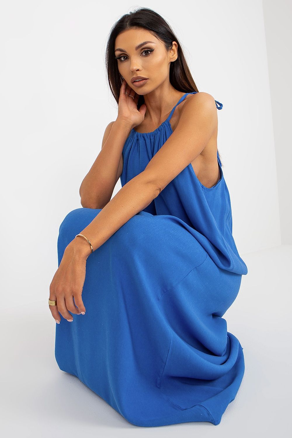 Elegant Och Bella Summer Long Dress with Loose Cut and Tied Straps - Cotton, Linen & Viscose Blend