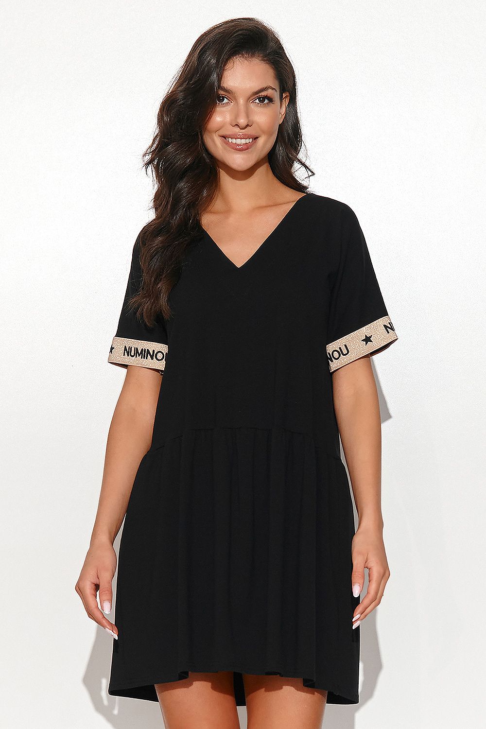 Chic Casual Flared Dress by Numinou - Lightweight Sweatshirt Fabric, Heart Neckline, Short Sleeves