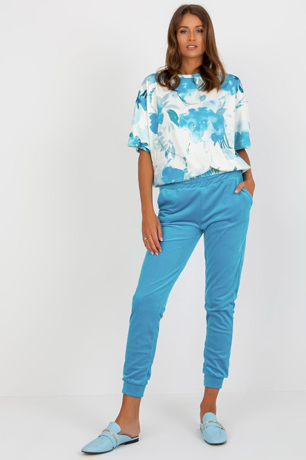 Luxurious Velour Blouse And High-Waisted Pants Set By Rue Paris - Comfortable & Elegant Fashion