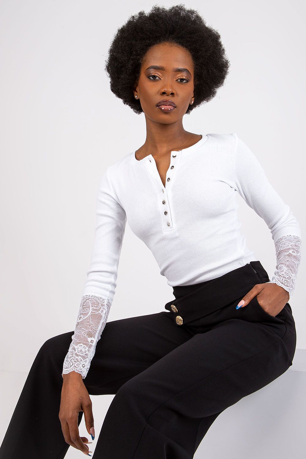 Elegant Ribbed Blouse With Lace Detail by Rue Paris – Daily Casual To Chic Style