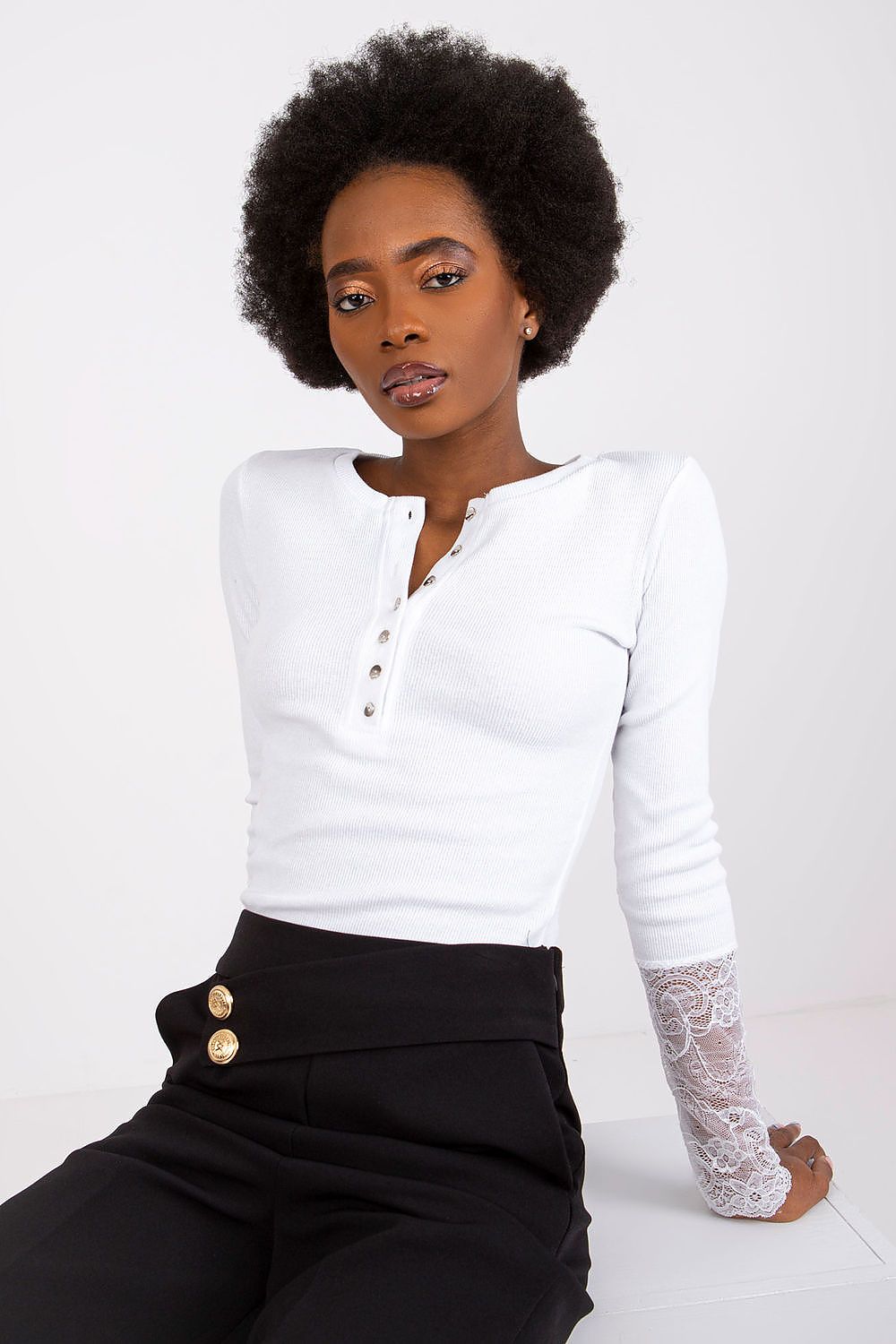 Elegant Ribbed Blouse With Lace Detail by Rue Paris – Daily Casual To Chic Style