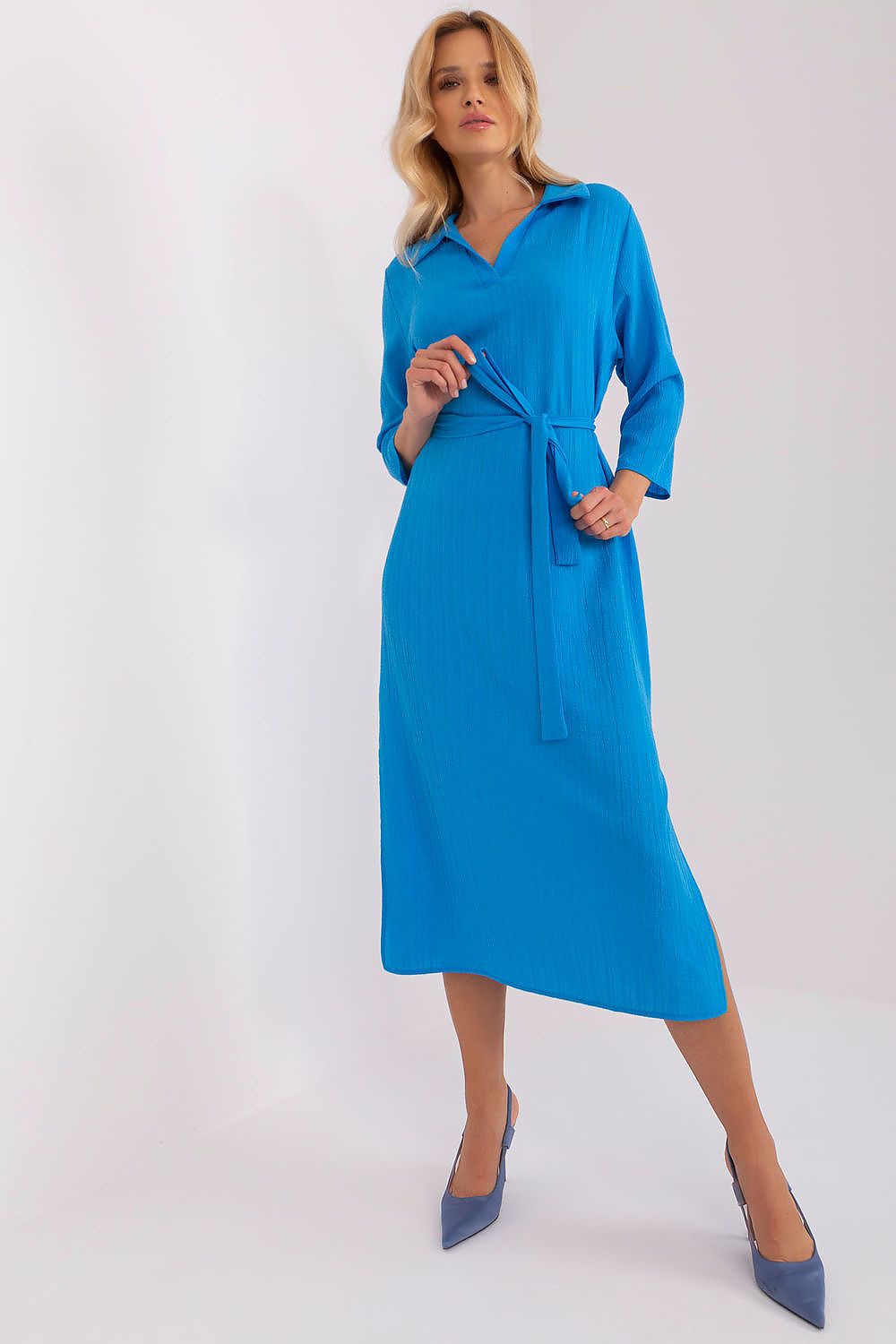 Elegant Daydress With 3/4 Sleeves, Waist Tie & Side Slits - Lakerta Collection