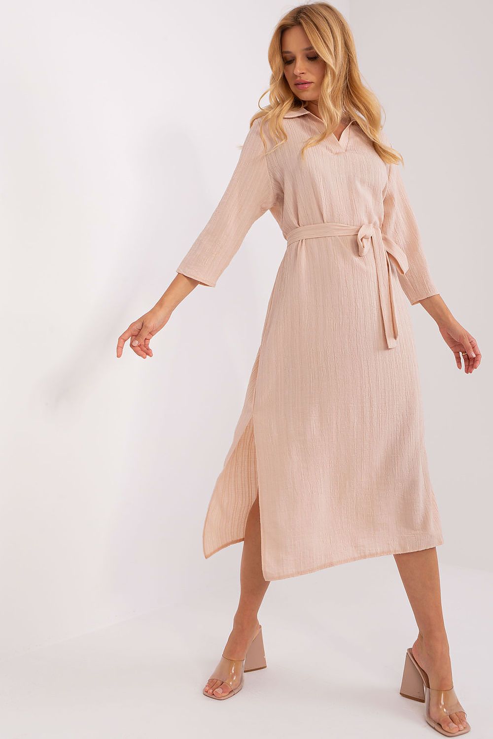Elegant Daydress With 3/4 Sleeves, Waist Tie & Side Slits - Lakerta Collection