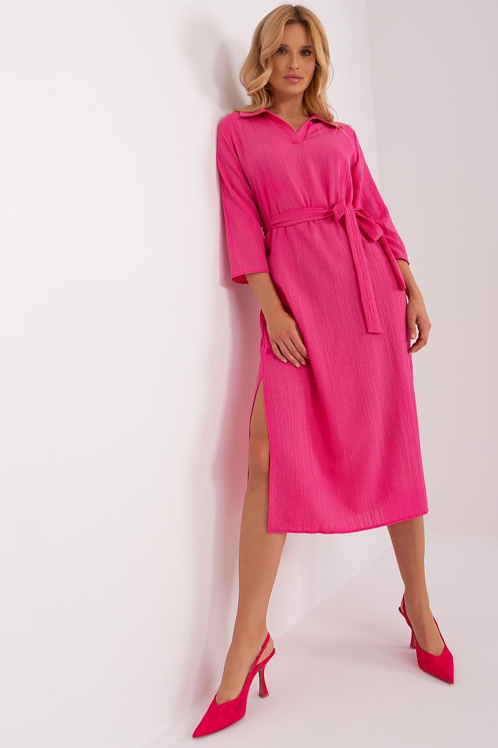 Elegant Daydress With 3/4 Sleeves, Waist Tie & Side Slits - Lakerta Collection