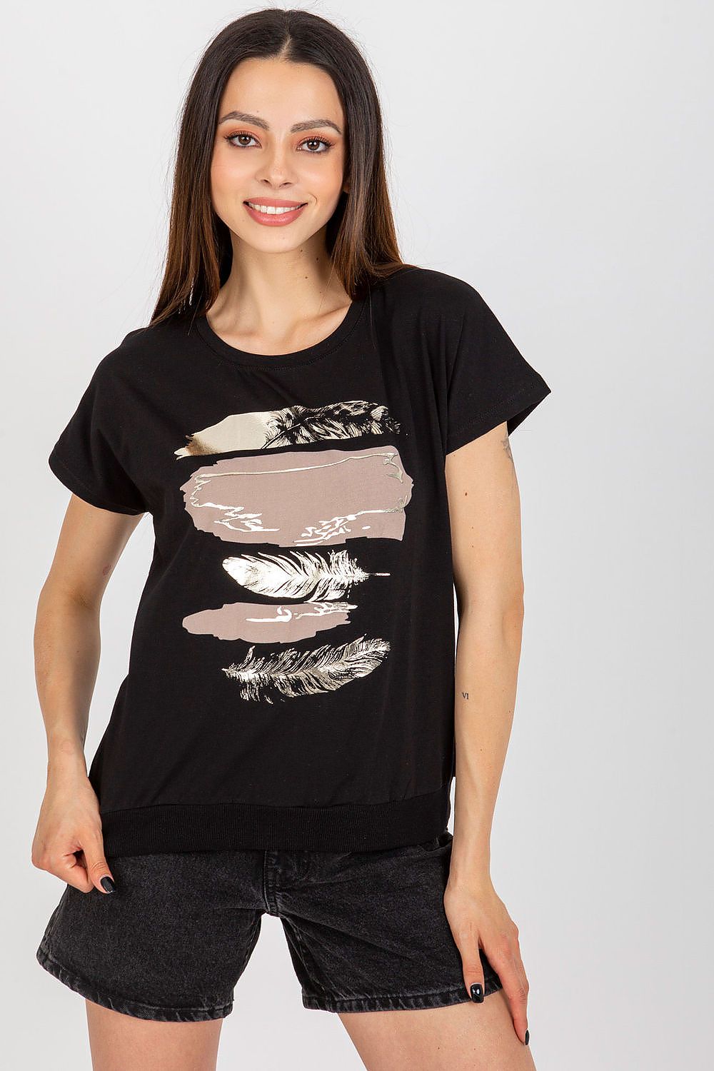Elegant 90% Cotton Blouse by Rue Paris with Decorative Print and Short Sleeves