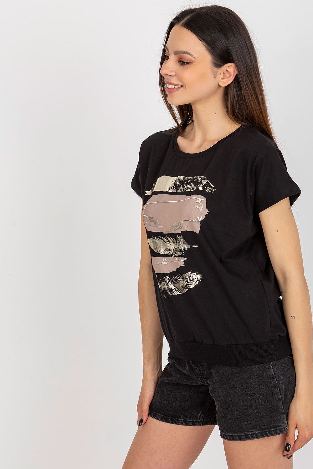 Elegant 90% Cotton Blouse by Rue Paris with Decorative Print and Short Sleeves