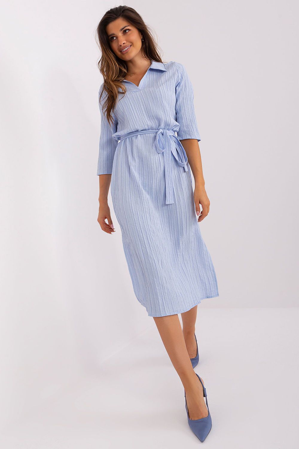 Elegant Daydress With 3/4 Sleeves, Waist Tie & Side Slits - Lakerta Collection