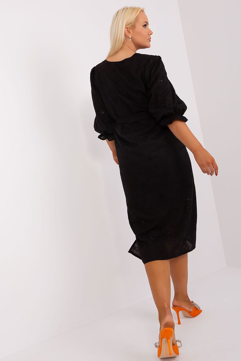 Luxurious Plus Size Cotton Dress with Embroidery, 3/4 Sleeves & Tie Waist by Lakerta