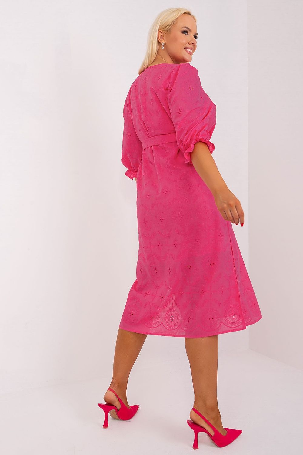Luxurious Plus Size Cotton Dress with Embroidery, 3/4 Sleeves & Tie Waist by Lakerta