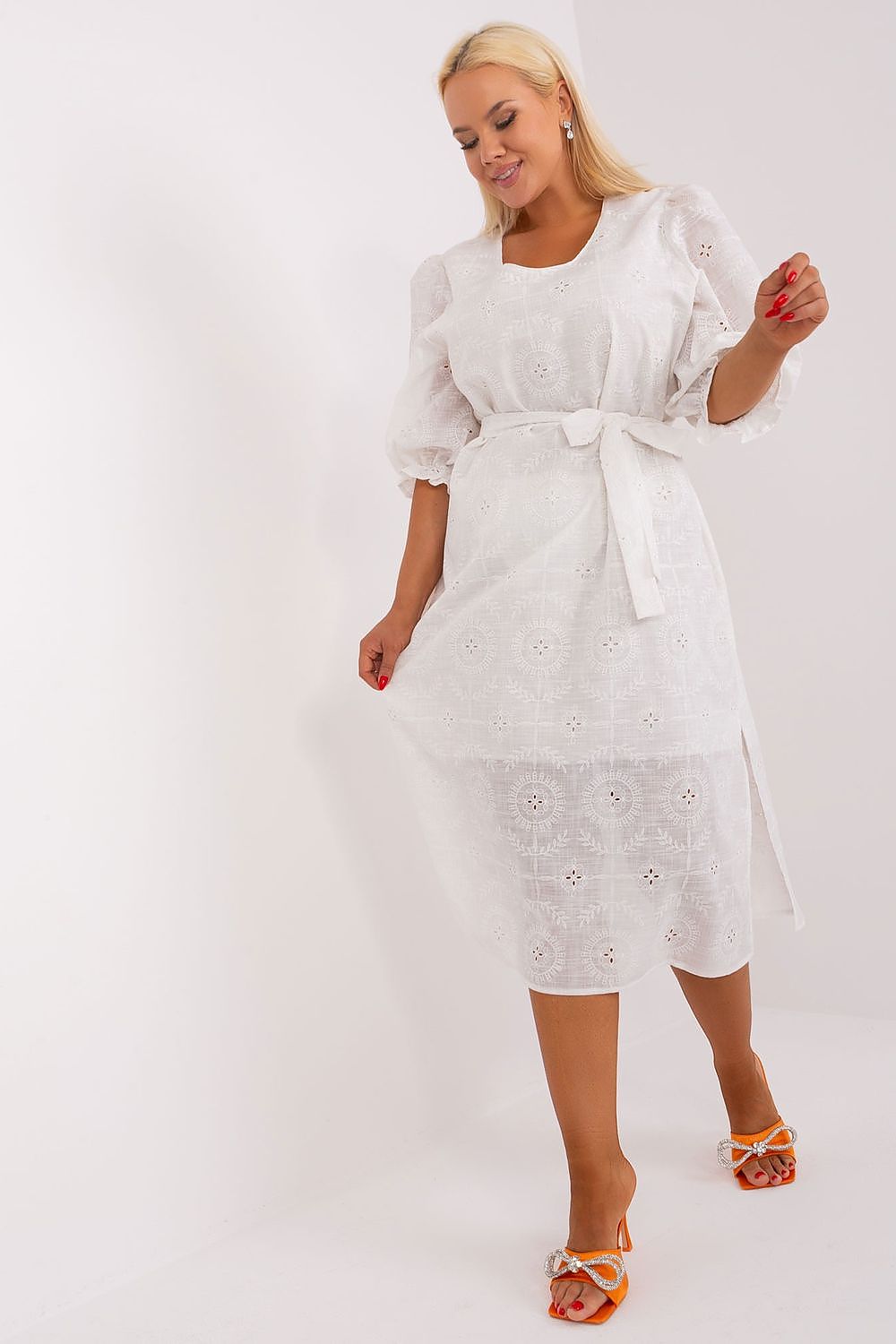 Luxurious Plus Size Cotton Dress with Embroidery, 3/4 Sleeves & Tie Waist by Lakerta