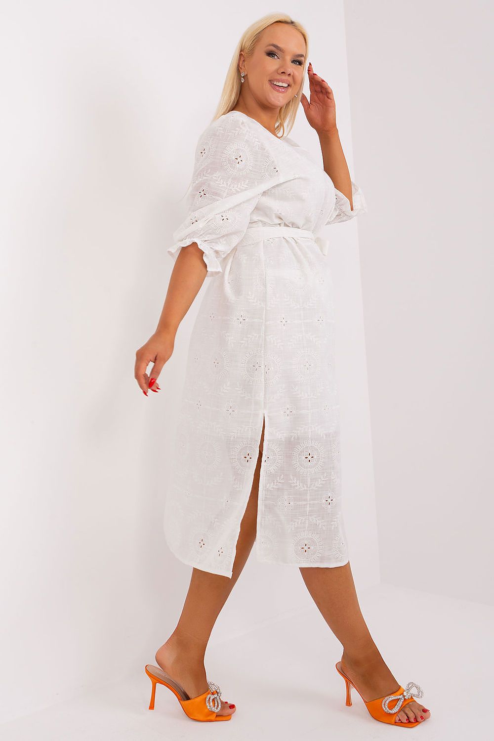 Luxurious Plus Size Cotton Dress with Embroidery, 3/4 Sleeves & Tie Waist by Lakerta