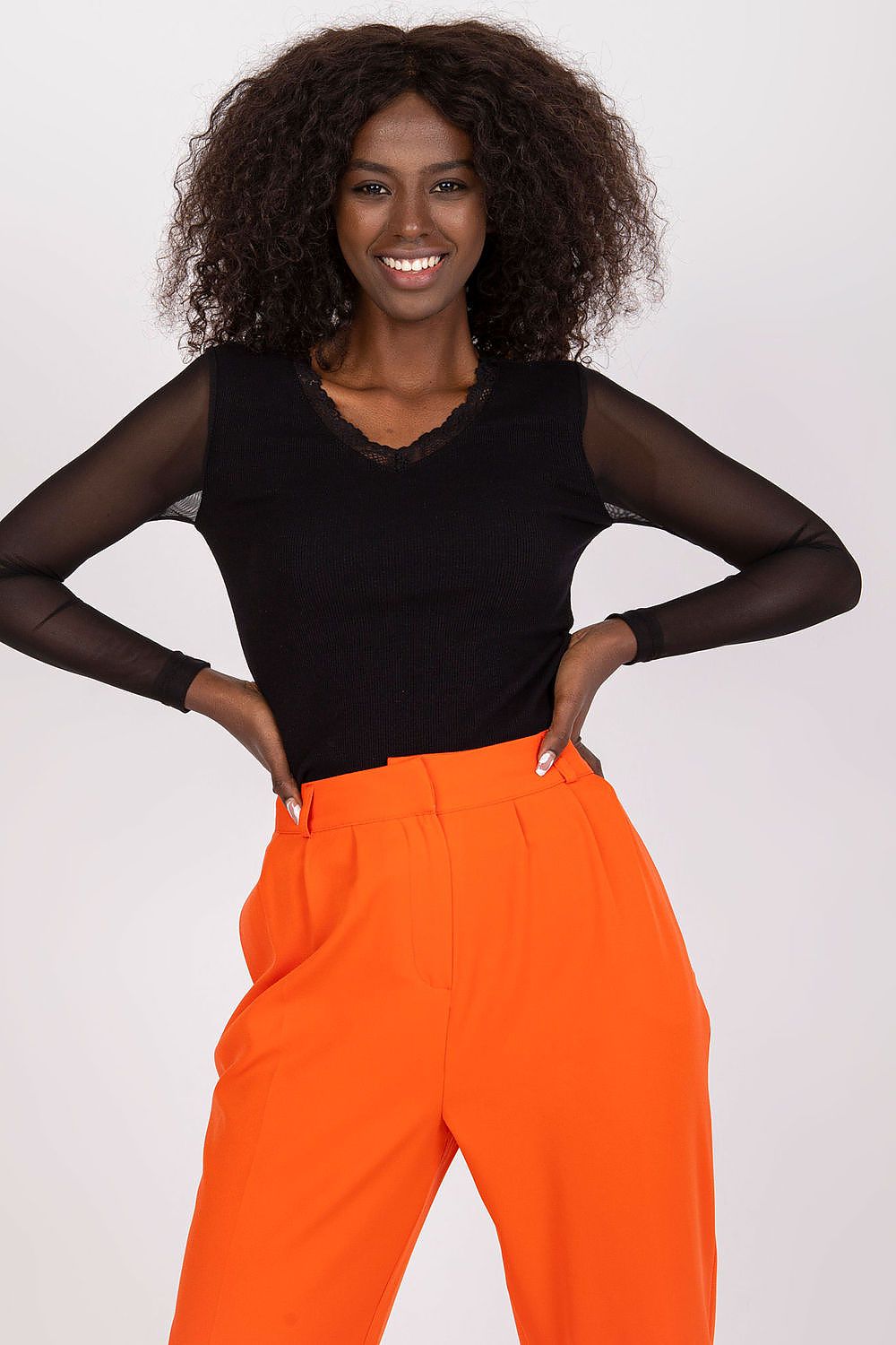 Elegant Rue Paris Ribbed Blouse with Transparent Long Sleeves and Heart Neckline