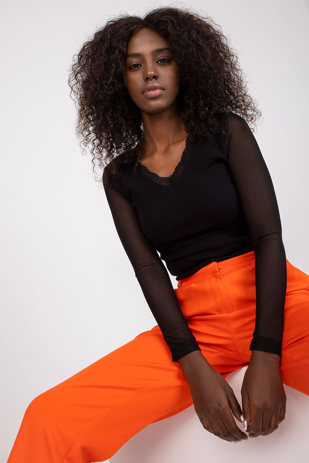 Elegant Rue Paris Ribbed Blouse with Transparent Long Sleeves and Heart Neckline