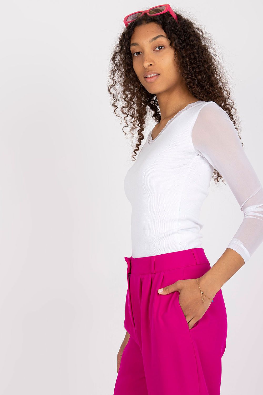 Elegant Rue Paris Ribbed Blouse with Transparent Long Sleeves and Heart Neckline