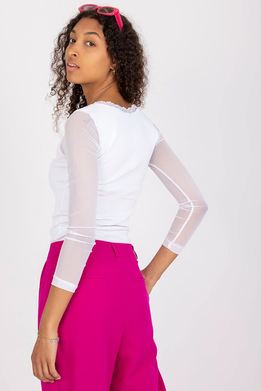 Elegant Rue Paris Ribbed Blouse with Transparent Long Sleeves and Heart Neckline