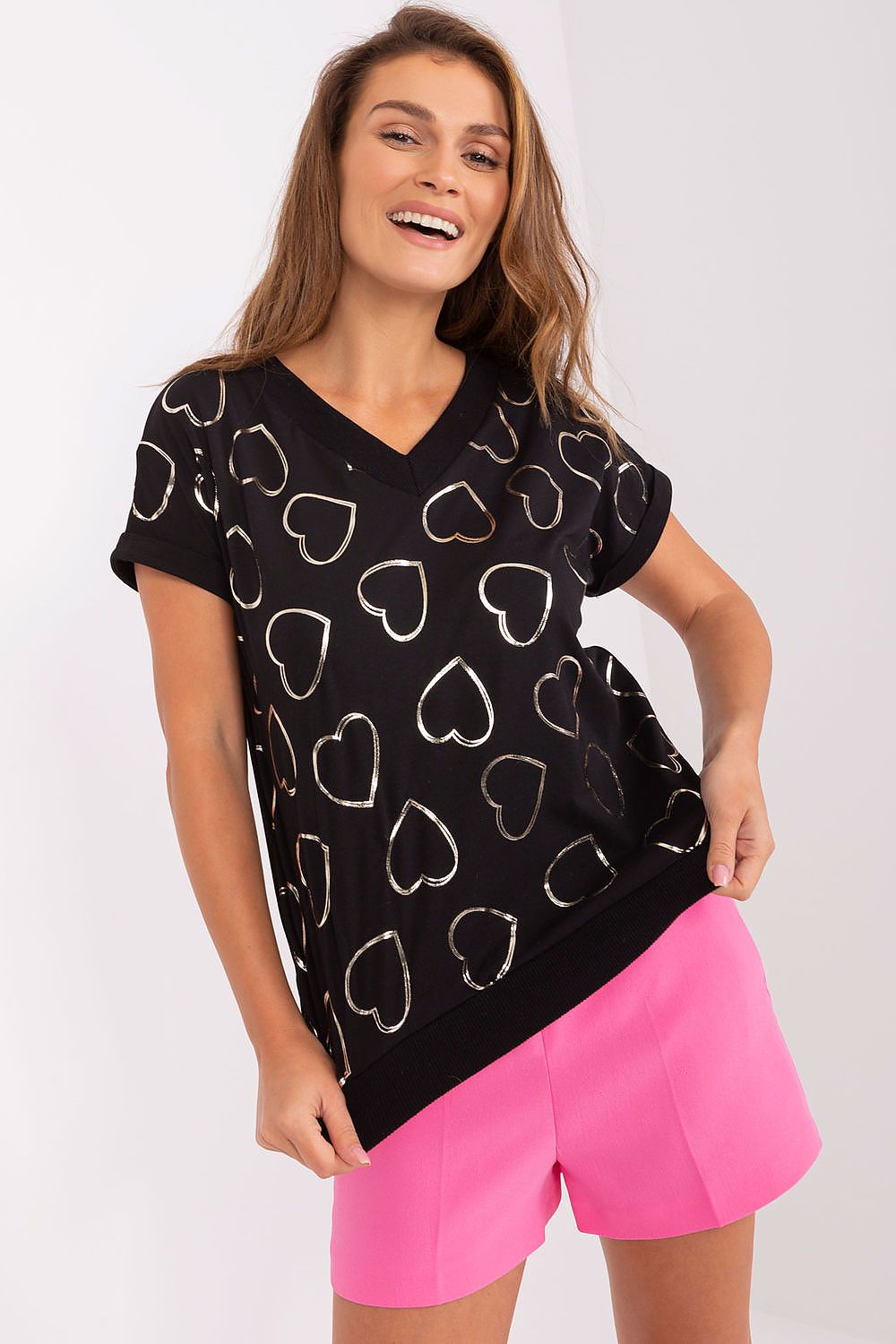 Rue Paris Heart Neckline Blouse with Glittering Print - Stylish Short Sleeve Cotton Blend Top