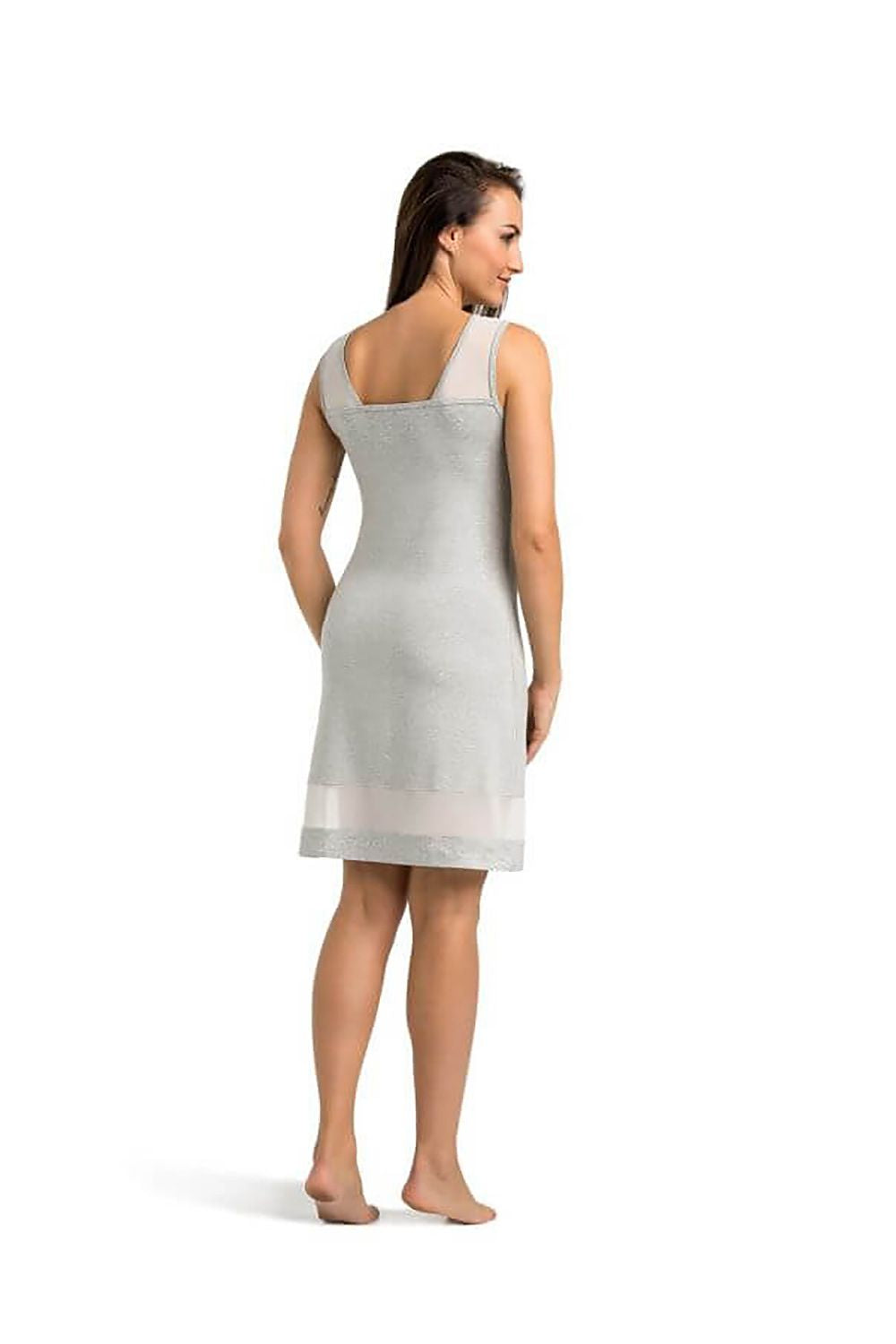 Elegant Women's Gray Viscose Nightshirt with Mesh Detailing and V-Neck Design