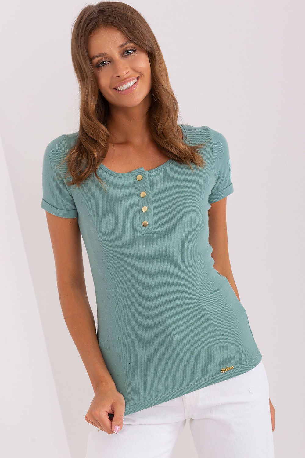 Och Bella Ribbed Blouse With Decorative Snap Fastening, Short Sleeves, Fitted Cut