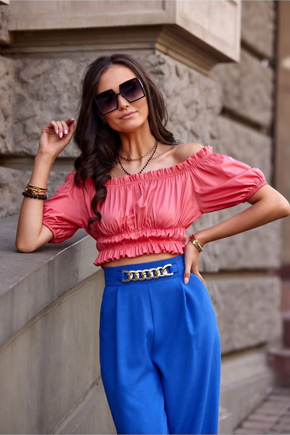 Stylish Spanish Cut Blouse with Ruffles & Creases by Roco Fashion - Cotton Blend